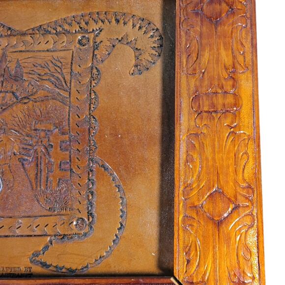 Gene L. Hartranft Handcrafted Leather Tooling Framed Folk Art Farmscape 13x11 - Picture 7 of 8